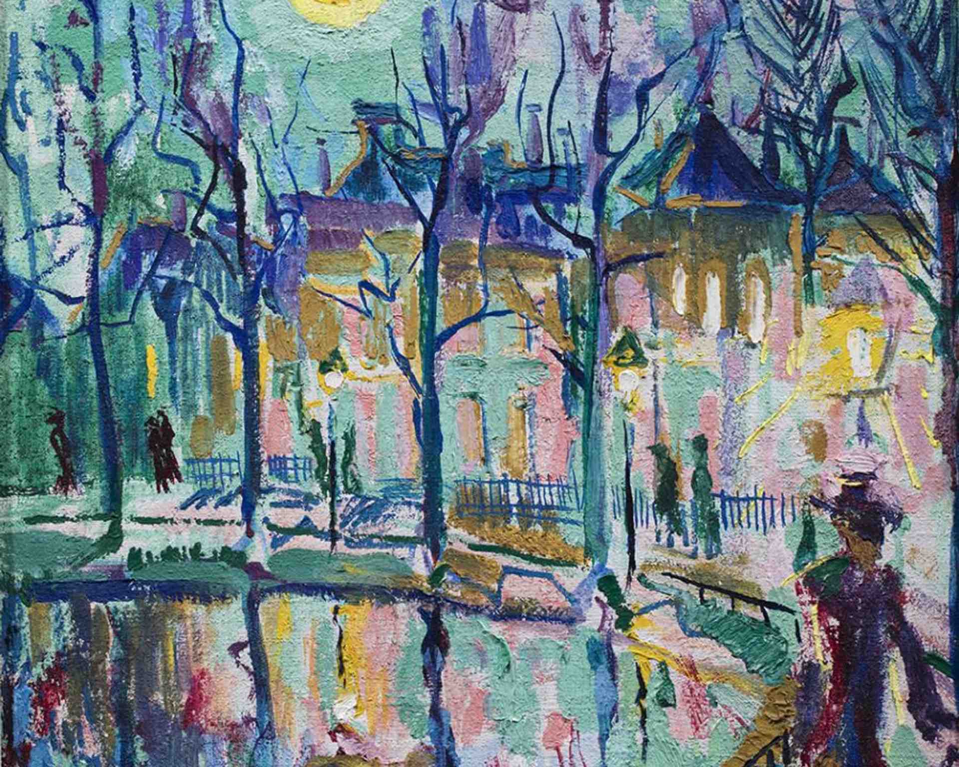 Stadsgezicht bij maanlicht